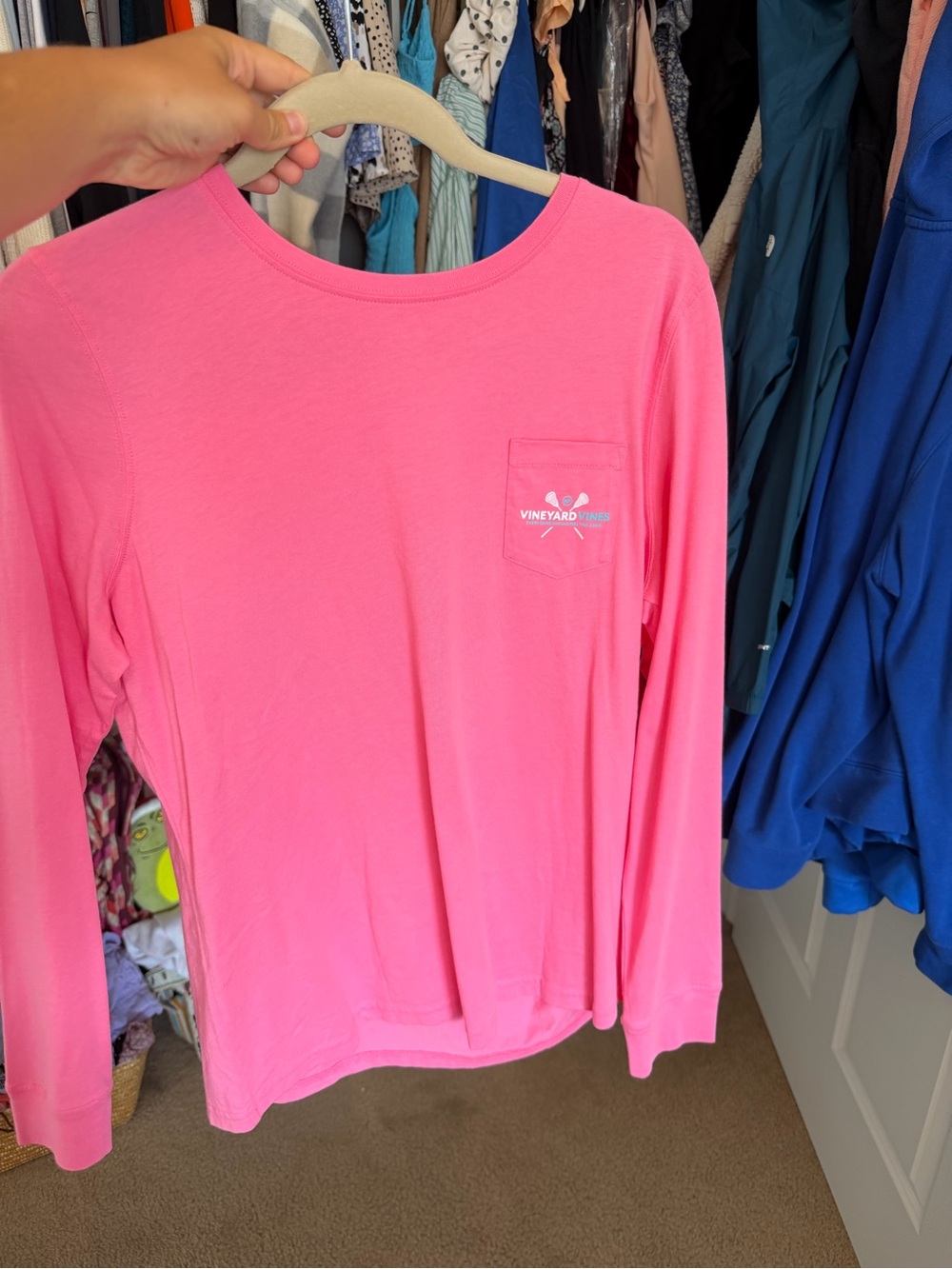 Vineyard Vines Long-Sleeve Pocket Tee in Bright Pink